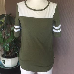 So 3/4 sleeve white and olive green T-shirt baseball style size small tunic